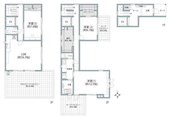 高輪二丁目戸建 2～3階 平面図