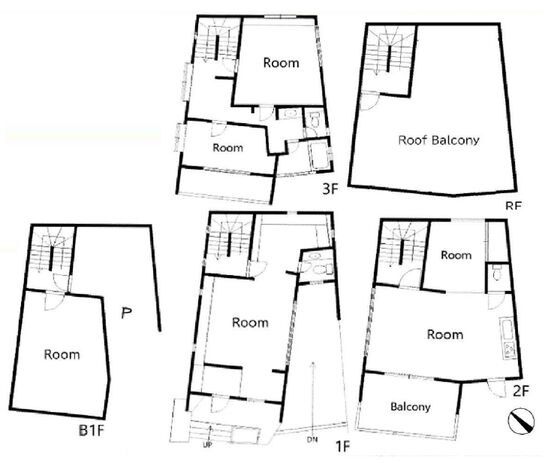 原宿 House 地下1階～3階＋バルコニー 平面図